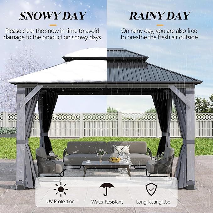 GARTOO 10' x 12' Outdoor Wood Gazebo - Permanent Wooden Hardtop Gazebo Pavilion with Double Curtains, Galvanized Steel Roof Cedar Wood Gazebos for Lawn, Garden, Poolside, Backyard Deck