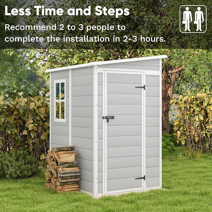 Patiowell 5x4 FT Outdoor Storage Shed, Resin Storage Shed with Floor & Lockable & Window Door for Patio Furniture, Garden Tools and Bicycle, Light Gray