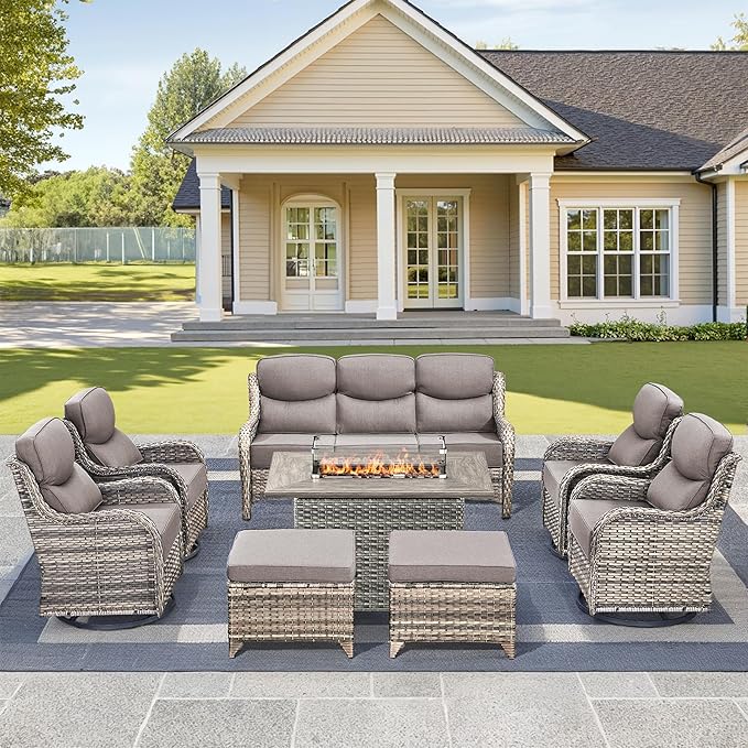 Luxury High Back Outdoor Furniture 6-Inch Thick Cushions with 50,000 BTU Gas Propane Fire Pit Tablet, Patio Furniture Set with Swivel Chairs, 8 PCS for Porch, Balcony, Deck and Yard