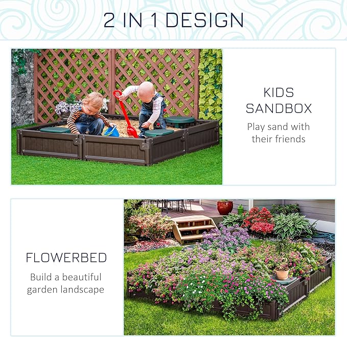 Outsunny Kids Outdoor Sandbox with Cover Garden Bed Sand Pit, Easy Assembly Children's Square Sandbox for Backyard, Brown, 48.5 x 48.5 x 8.25