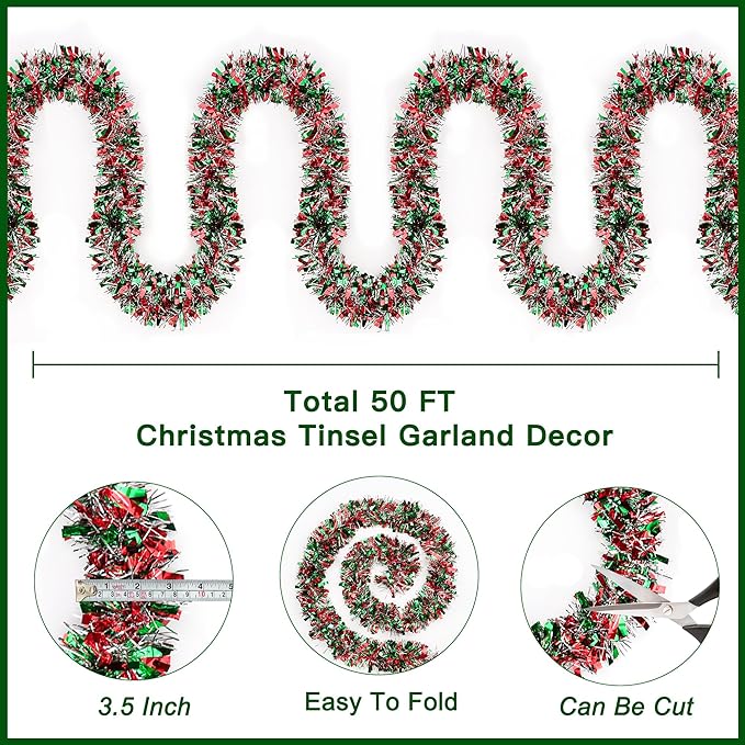 50FT Red Green Silver Christmas Tinsel Garland Metallic Twist Shiny Decorations for Christmas Tree Mantle Stair Indoor Outdoor Party Supplies