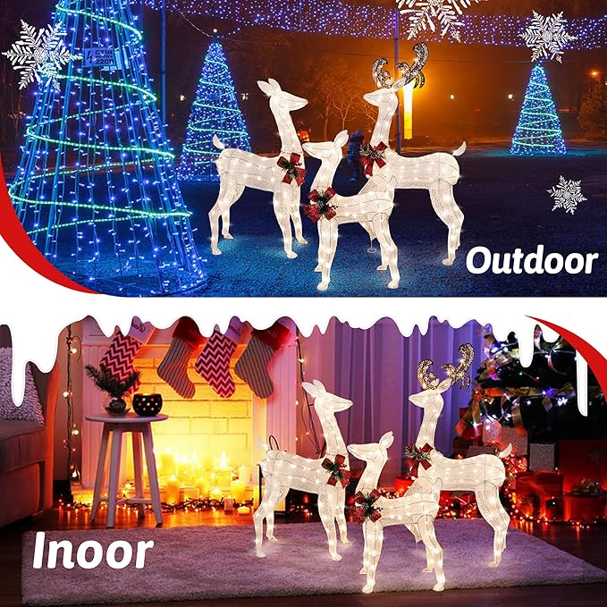 5Ft 3-Piece LED Lighted Christmas Deer Family Outdoor Yard Decorations,3D Super Large Christmas Reindeer Decor,Outdoor Lighted Holiday Deer with 360 LED Displays for Patio,Lawn&Garden,White