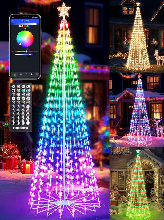 Flacchi Smart Christmas Cone Tree Lights - Star Tree Topper with Removable Bracket, App Control, Sync with Music, Waterfall Colored Lights for Indoor Outdoor Xmas Decorations (9.8FT/ Rope Lights)