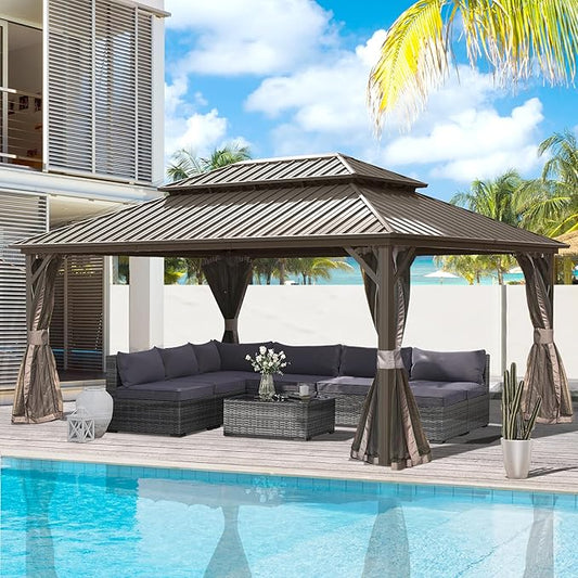 Domi Hardtop Gazebos 12x16FT, Aluminum Metal Gazebo with Galvanized Steel Double Roof Canopy, Curtain and Netting, Permanent Gazebo Pavilion for Patio, Backyard, Deck and Lawn, Brown
