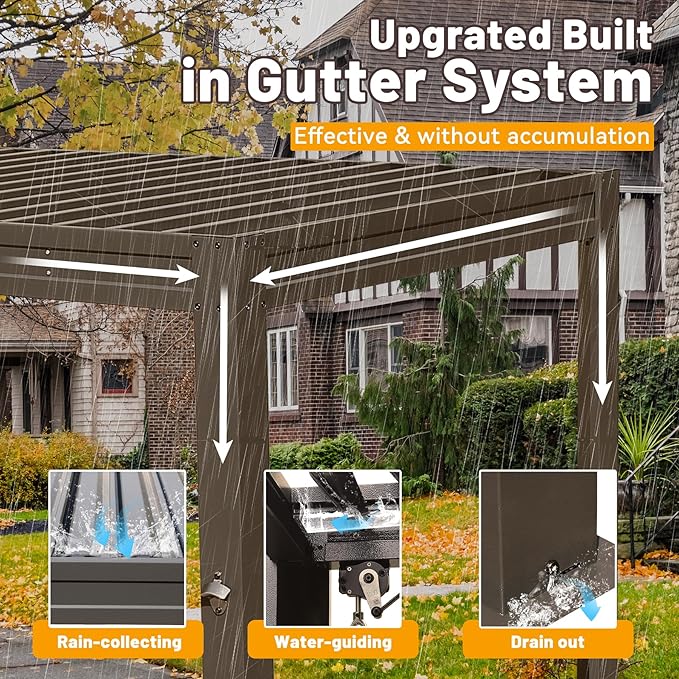 8x5 FT Grill Louvered Pergola for Outdoor Grill, Hardtop Grill Pergola with Built-in Gutter & Adjustable Rainproof Roof, Metal Shelter Gazebo for Patio Backyard Deck -Brown
