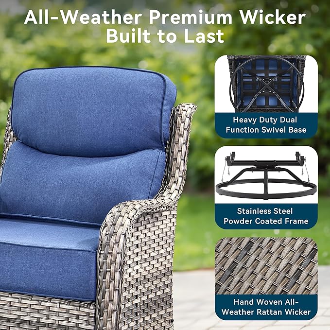 Luxury High Back Outdoor Furniture 6-Inch Thick Cushions with 50,000 BTU Gas Propane Fire Pit Tablet, Patio Furniture Set with Swivel Chairs, 8 PCS for Porch, Balcony, Deck and Yard