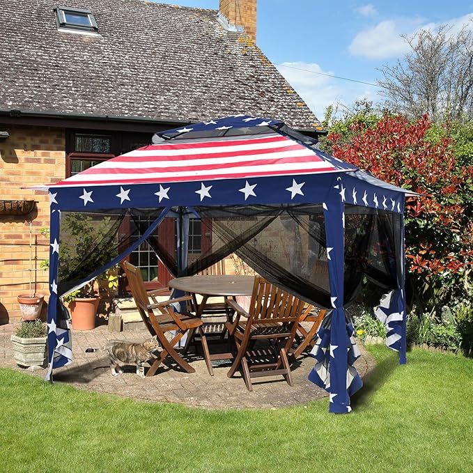 COOS BAY 11x11 Pop Up Gazebo with Mesh Netting, Instant Outdoor Canopy Tent, Water Resistant Shelter with UPF 50+ UV Protection, 121 Sq Ft Coverage, American Flag