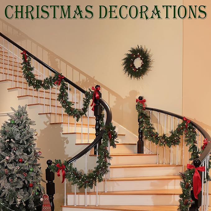 Christmas Wreaths for Front Door - 24" Artificial Christmas Wreath - Real Touch Norfolk Pine Wreath for Door,Wall,Windows,Indoor Outdoor -Christmas Decorations -Holiday Decor -Free Battery LED Lights