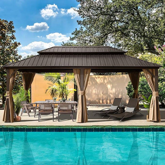 Domi 12’ x 18’ Hardtop Gazebo Aluminum Frame Canopy with Netting & Curtains, Outdoor Permanent Metal Pavilion with Galvanized Steel Double Roof for Patio Lawn and Garden, Brown