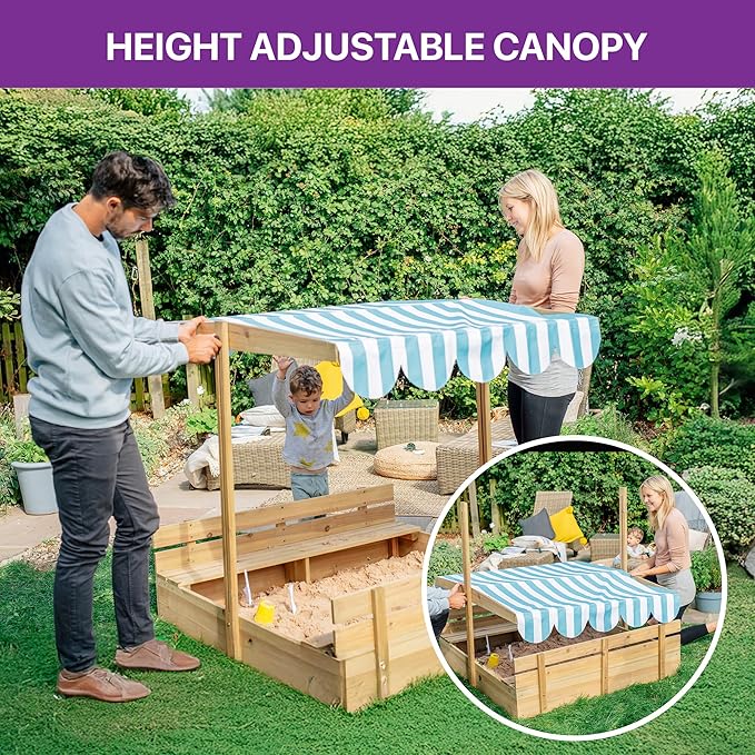 Plum? Kids Outdoor Wooden Sandbox with Lid - Toddler Sensory Toys, Outdoor Sand Box for Kids with Bench Seat, Adjustable Canopy & Bottom Liner, UV-Protection, Weatherproof, Easy Assembly, Ages 3+ Yrs