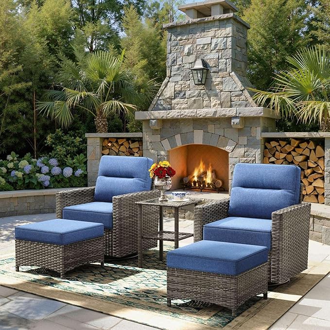 Luxury 5-Piece Patio Furniture Set with 6-Inch Thick Cushions, Outdoor Swivel Rocker Chairs and Table, Wicker Conversation Set for Porch, Deck, Balcony, Yard in Blue