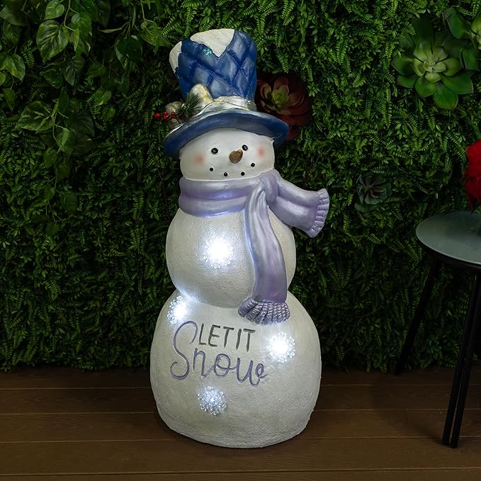 Alpine Corporation SKY558L, Lavender White Let It Snow Snowman Statue with Fading LED Lights, Large Over 3 Feet Tall - Indoor/Outdoor Winter Décor, Christmas Decoration