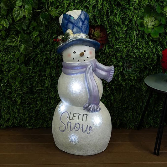 Alpine Corporation SKY558L, Lavender White Let It Snow Snowman Statue with Fading LED Lights, Large Over 3 Feet Tall - Indoor/Outdoor Winter Décor, Christmas Decoration