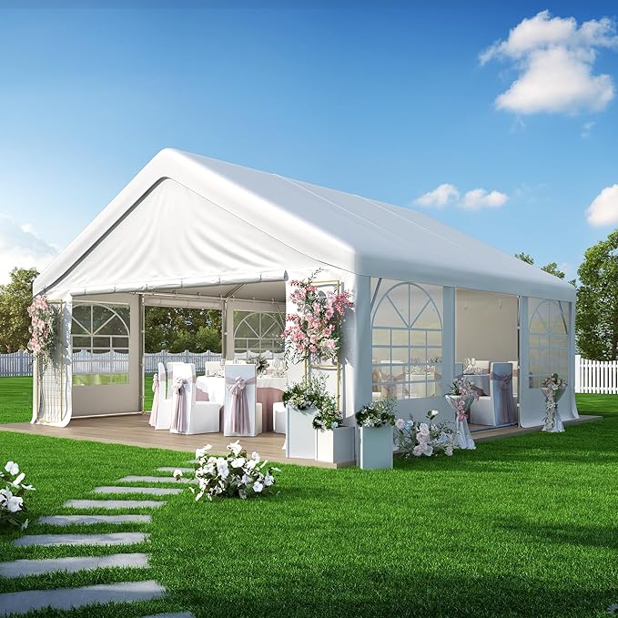 GARTOO 20' x 20' Canopy Party Tent & Carport - Heavy Duty Outdoor Wedding Gazebo with 4 Sand Bags, Event Shelter Canopy for Outdoor Event, Wedding, Birthday Party