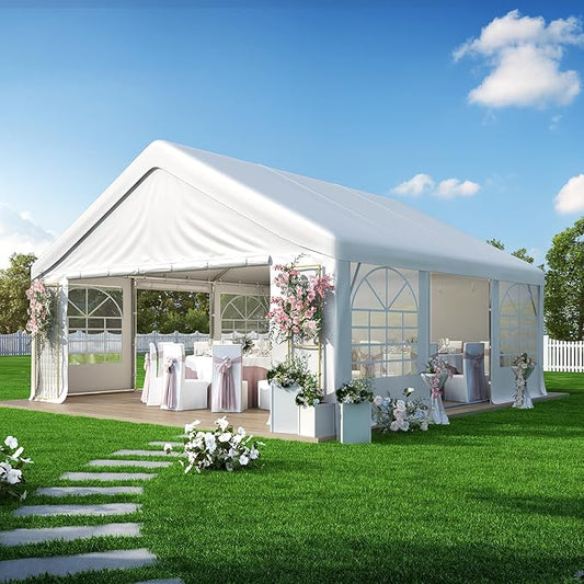 GARTOO 20' x 20' Canopy Party Tent & Carport - Heavy Duty Outdoor Wedding Gazebo with 4 Sand Bags, Event Shelter Canopy for Outdoor Event, Wedding, Birthday Party