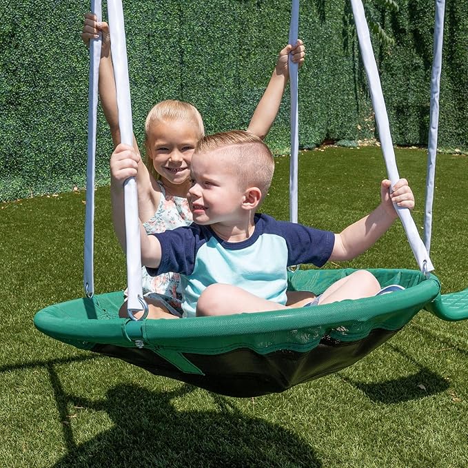 Sportspower Northridge Metal Swing Set, 500 lb Capacity, 32" Saucer, 2 Blow-Molded Swings & 5ft Slide, Durable 6ft Frame, Outdoor Backyard Playset for Kids Aged 3–8