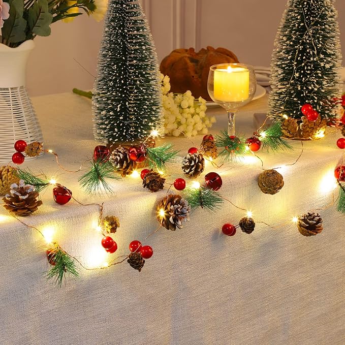 Christmas Garland with Lights 10 Feet 30 LED Bulbs Pinecones, Red Berries, Bells Decorative Lights Christmas Decorations Indoor Suitable for Home & Mantelpiece Decor Christmas Tree Decor