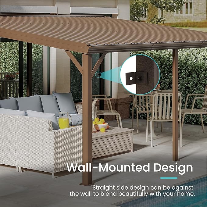 Domi 10' x 16' Lean to Gazebo, Wall Mounted Gazebos Pergola with Built in Drainage System, Galvanized Steel Roof, Hardtop Patio Shelter for Deck, Porch, Backyard and More,Brown