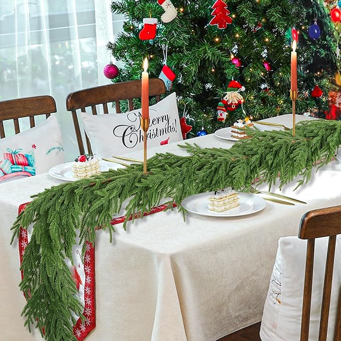 9 FT Christmas Norfolk Pine Garland Real Touch Artificial Faux Greenery Pine Christmas Garland Decorations for Home Mantle Table Stairs Door Fireplace Indoor Outdoor Xmas Holiday Decor
