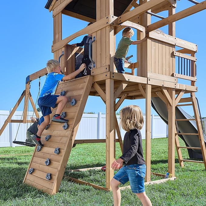Backyard Discovery Dover Bay Spruce Wood Swing Set with Wave Slide, Clubhouse, Monkey Bars, Rock Wall, Belt Swings, Step Ladder, Toy Telescope, Chalkboard, Outdoor Playset