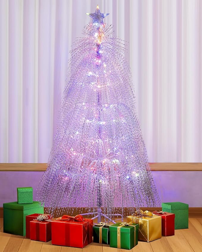 6.5ft Pre-Lit Artificial Christmas Tree, Christmas Tree with 180 LED Lights, 8 Lighting Modes, 2800 Tinsel Branches, Perfect for Indoor, Home, Party, Office, Apartment Decoration (Silver)