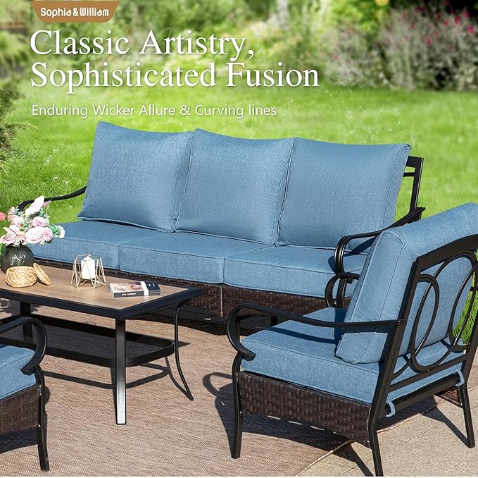 Sophia & William Patio Furniture Set, 5 Piece Metal Outdoor Conversation Set with 3-Seater Outdoor Couch, 2 Sofa Chairs, 1 Loveseat,1 Coffee Table for Outdoor Seating, Backyard, Porch(Navy)