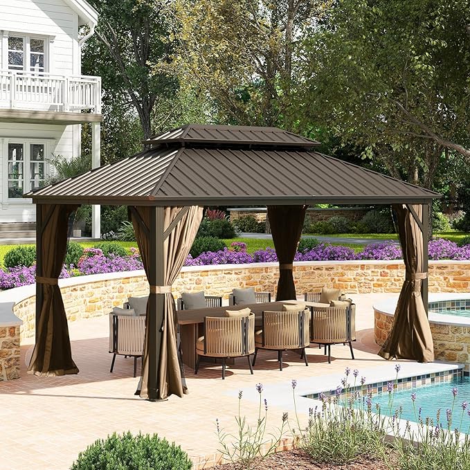 Domi 10'x14' Hardtop Gazebo Canopy, Outdoor Metal Gazebo with Galvanized Steel Double Roof,Curtain and Netting,Permanent Pavilion for Patio Deck,Backyard