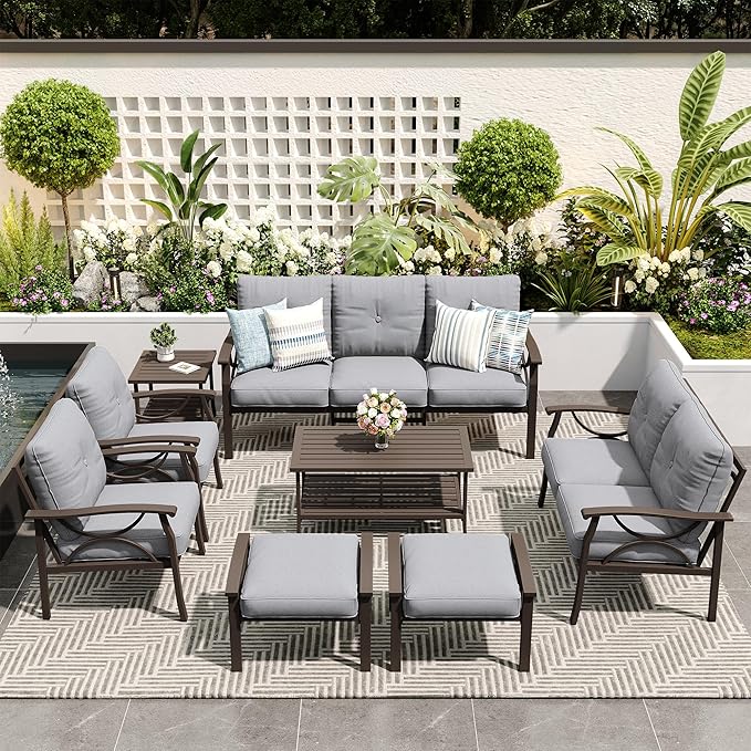 8-Pieces Outdoor Patio Furniture Set, Outdoor Metal Sectional Furniture with Cushions, Outdoor Conversation Seating Set with Coffee Table for Garden, Balcony, Deck, Backyard, Grey