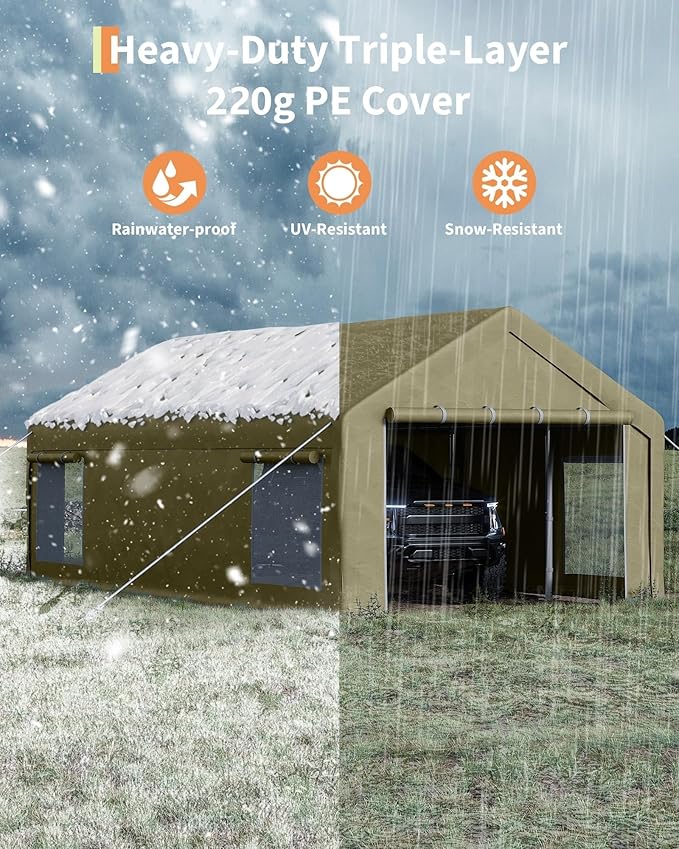 GarveeLife 13x25 ft Carport with 10 Sandbags, Car Port with 220 g PE Tarp, 2 Roll-Up Doors, and 4 Windows, for Full-Size Pickups, Bass Boats, Tractors, and SUVs, Khaki
