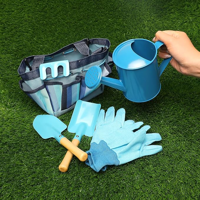 Kids Gardening Tools Set, Toddler Play Kit Child Outdoor Toy with Gloves, Watering Can, Metal Shovel, Rake, Spade & Storage Bag, Backyard Sand Digging Birthday for Boys Girls 3 4 5 (Blue)