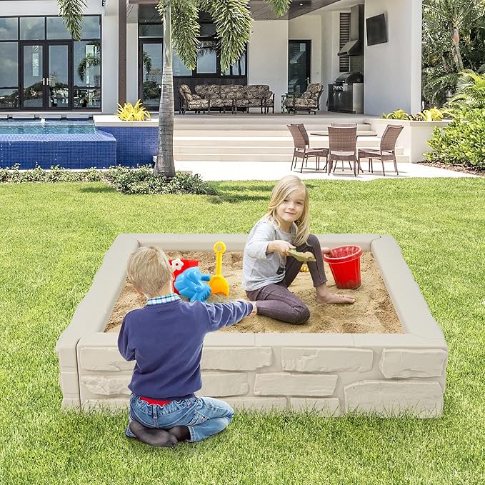 HONEY JOY Sandbox with Cover, 47 x 47 Inch Square Sand Pit for Backyard, Bottom Drainage Oxford Liner, HDPE Playful All Weather Resistant Sand Boxes for Kids Outdoor with Lid (White)