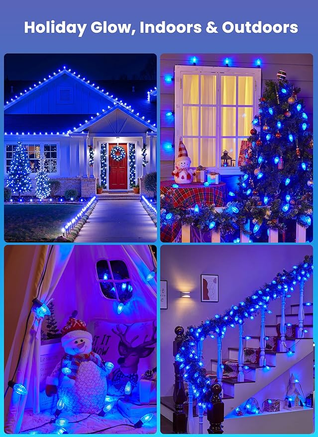 C9 Led Christmas String Lights, 20 Led 25.75 Feet Outdoor Waterproof Strawberry Lights with 20 Stakes, Extendable Green Wire String Lights for Indoor Outside Patio Wedding Party Decoration, Blue