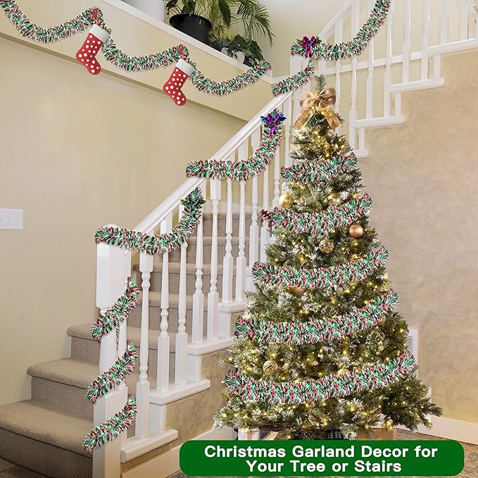 50FT Red Green White Christmas Tinsel Garland Metallic Twist Shiny for Christmas Tree Decorations, Xmas Holiday Hanging for Home Mantle Stair Indoor Outdoor Party Supplies Decor