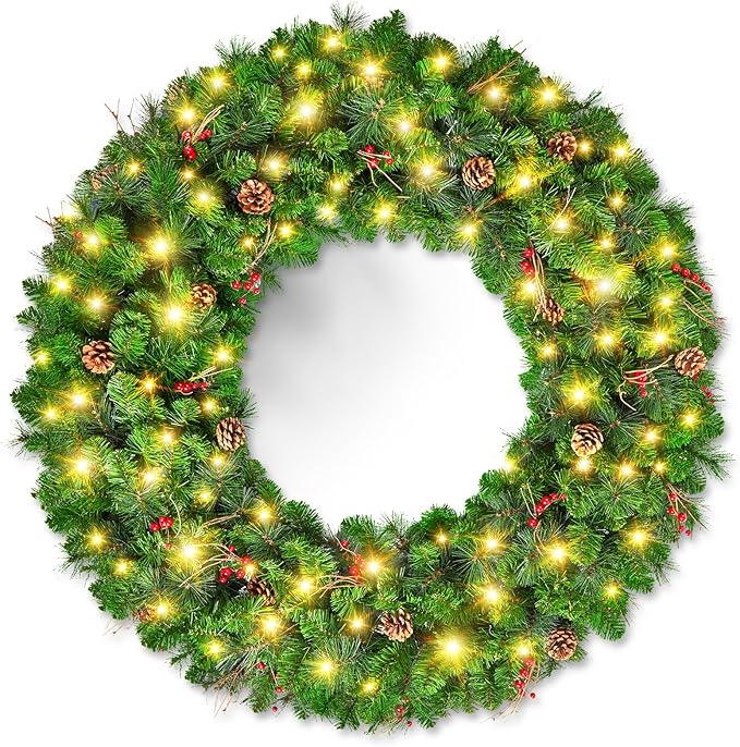 Brightown 48-inch Large Christmas Wreath with Timer and Memory Function, Featuring 200 Warm White LED Lights, PVC Pine Needles, Leaves, Red Berries and Cones, for Doors, Walls and Mantels, Plug-in
