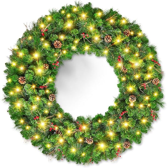 Brightown 48-inch Large Christmas Wreath with Timer and Memory Function, Featuring 200 Warm White LED Lights, PVC Pine Needles, Leaves, Red Berries and Cones, for Doors, Walls and Mantels, Plug-in