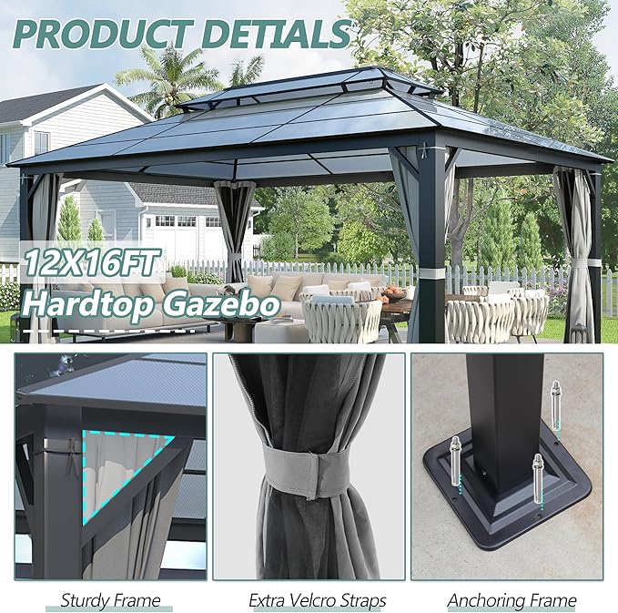 12'x16' Hardtop Gazebo, Patio Gazebo Polycarbonate Double Roof Gazebos with Netting and Curtains, Heavy Duty Metal Pavilion for Patio, Backyard, Deck and Lawn