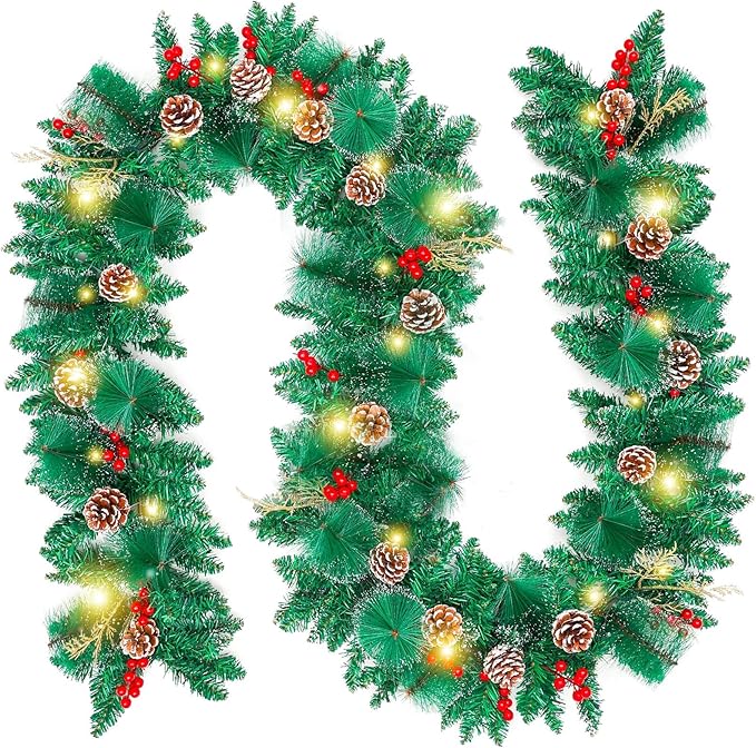 Joyhalo 9ft Christmas Decorations with Lights - Battery Operated Prelit Garland for Mantle, Stairs, Railing, Fireplace