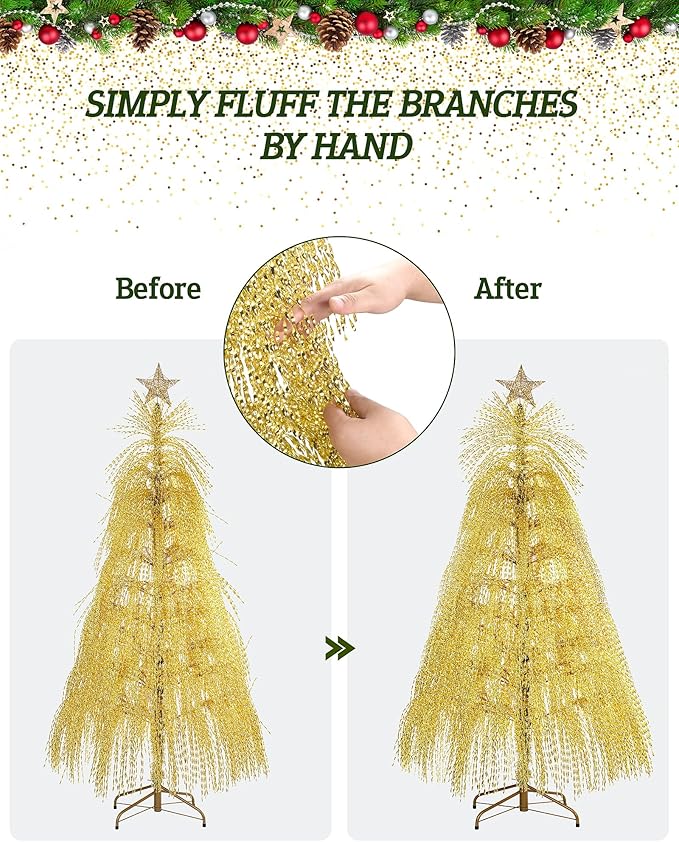 6.5ft Pre-Lit Artificial Christmas Tree, Christmas Tree with 180 LED Lights, 8 Lighting Modes, 2800 Tinsel Branches, Perfect for Indoor, Home, Party, Office, Apartment Decoration (Gold)
