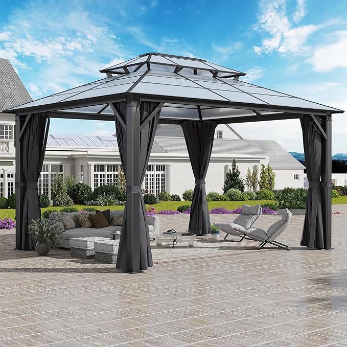 COVERONICS 12FT x 16FT Patio Polycarbonate Hardtop Gazebo with Steel Frame - Outdoor Translucent Double Roof Gazebo with Netting & Curtains for Lawn, Garden, Backyard, Poolside
