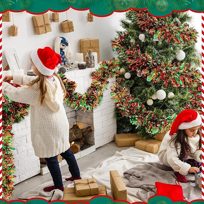 177 Feet Christmas Tinsel Garland Metallic Shiny Hanging Christmas Tree Tinsel Garland Ornaments for Indoor Outdoor Party Wedding Holiday(Red Green Gold)