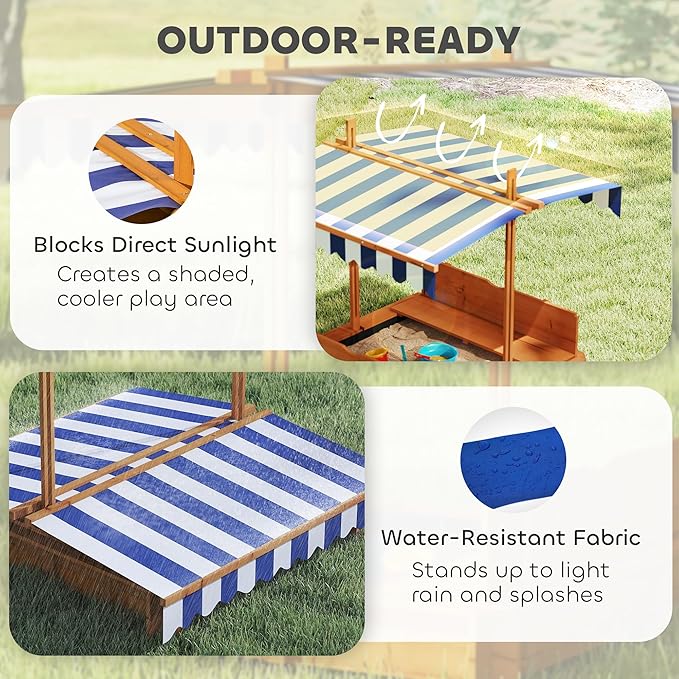 Outsunny Wooden Sandbox with Lid, Kids Sandbox with Canopy Outdoor, Sand Box with Foldable Bench Seats and Sand Protection, Bottom Liner Included, Kids Gift for Aged 3-7, 47X47 in, Red