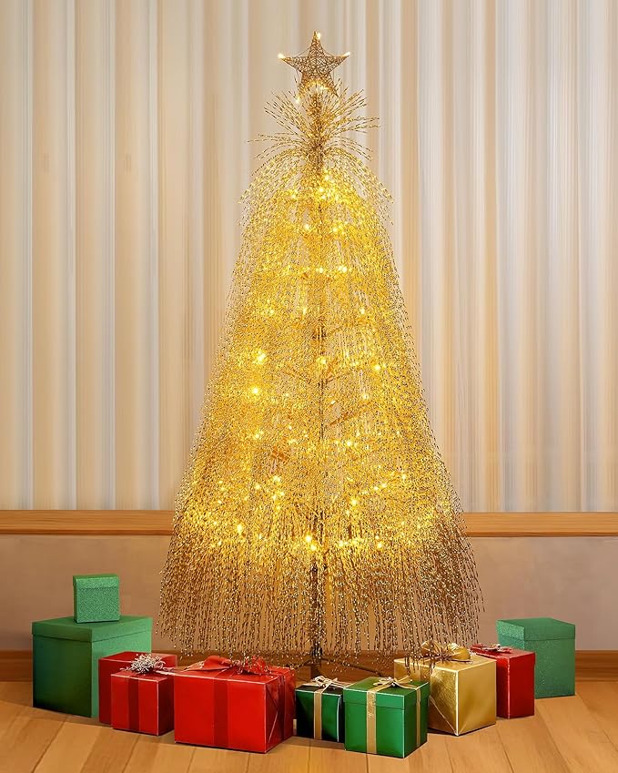 6.5ft Pre-Lit Artificial Christmas Tree, Christmas Tree with 180 LED Lights, 8 Lighting Modes, 2800 Tinsel Branches, Perfect for Indoor, Home, Party, Office, Apartment Decoration (Gold)