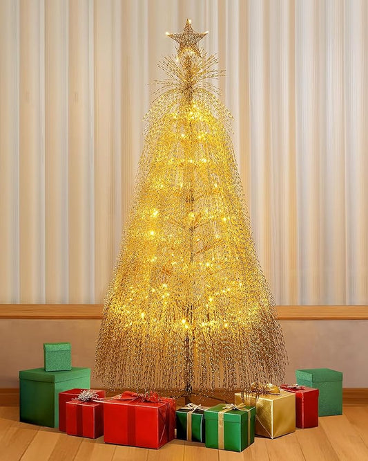 6.5ft Pre-Lit Artificial Christmas Tree, Christmas Tree with 180 LED Lights, 8 Lighting Modes, 2800 Tinsel Branches, Perfect for Indoor, Home, Party, Office, Apartment Decoration (Gold)