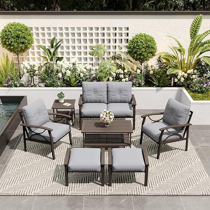 7-Piece Outdoor Patio Furniture Set, Outdoor Metal Sectional Furniture with Cushions, Outdoor Conversation Seating Set with Side Table for Garden, Balcony, Deck, Backyard, Grey