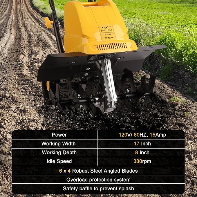 Garden Rototiller 17-Inch 15-Amp Corded Electric Tiller/Cultivator, Adjustable Wheels, 8-Inch Tilling Depth Tiller