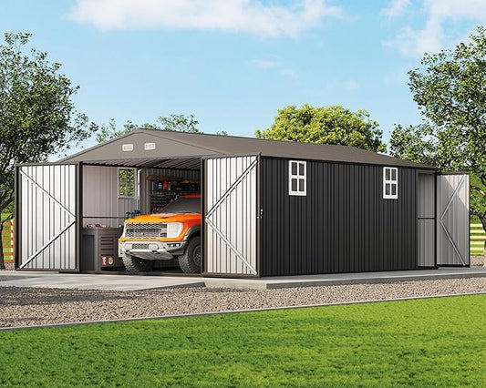 Jocisland 13.2x20.7x8 FT Heavy Duty Metal Carport, Car Canopy with 2 Lockable Doors & 4 Windows, All-Weather Car Shelter for Car, Boat, Truck, Equipment Storage, Dark Gray
