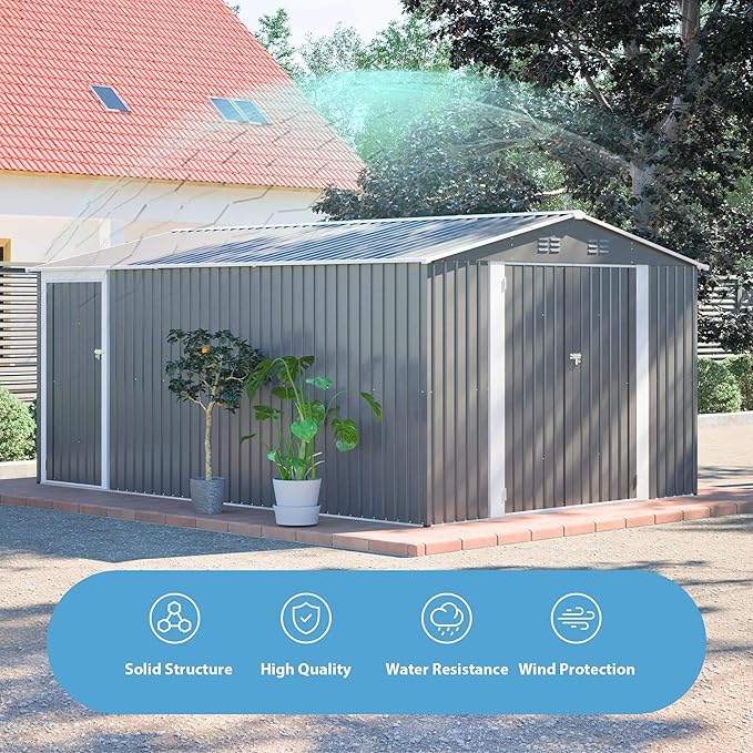 10x14 FT Outdoor Metal Storage Shed with Side Door & Floor Frame, Extra-Large Tool Shed with Lockable Double Doors, Weatherproof Garden Shed for Backyard, Lawn Equipment and Patio Storage