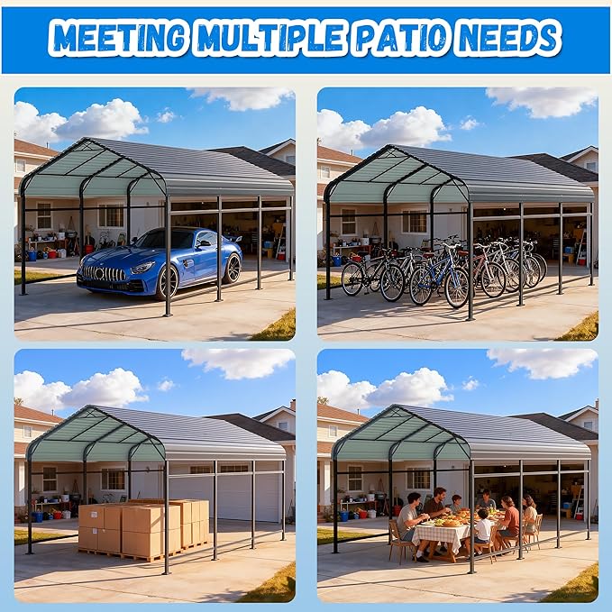 Greesum 10x15FT Metal Carport with Heavy Duty Frame and Galvanized Steel Roof, Round Carports with Side Support Rods, Canopy Shelter for Car, Pickup Trucks, Boats and Tractors, Party, Gray