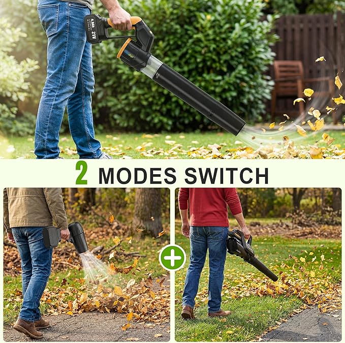 Electric Leaf Blower Cordless, 180¡Æ Rotatable, 2 Batteries & Charger, Handheld Leaf Blowers for Lawn Care, 4 Speed Mode, Portable Lightweight Grass Blower for Yard (Yellow-Black)