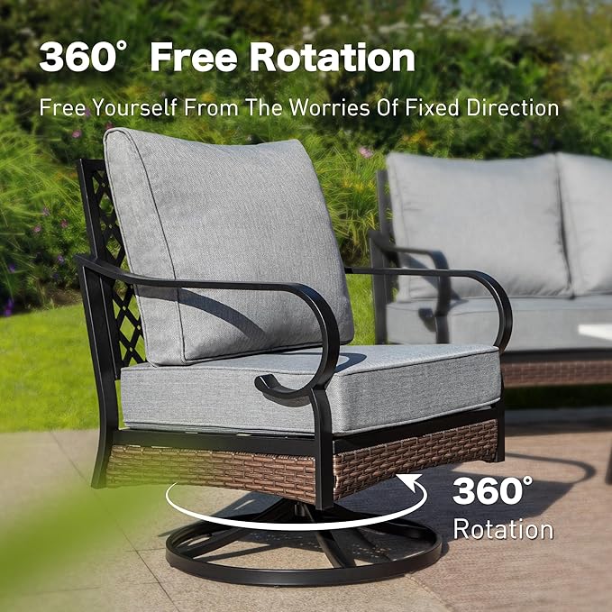 6 Piece Black Metal Outdoor Patio Furniture Sets with Firepit Table, Patio Conversation Sets 1 3-Seater Sofa, 2 Leg Sofa and 2 Swivel Chair with 5.75" Cushion for Backyard Deck, Gray